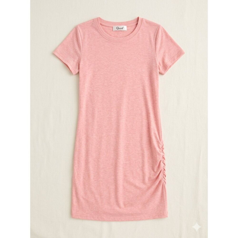 Qearl Women's Pink Short Sleeve Ruched T-Shirt Dress -